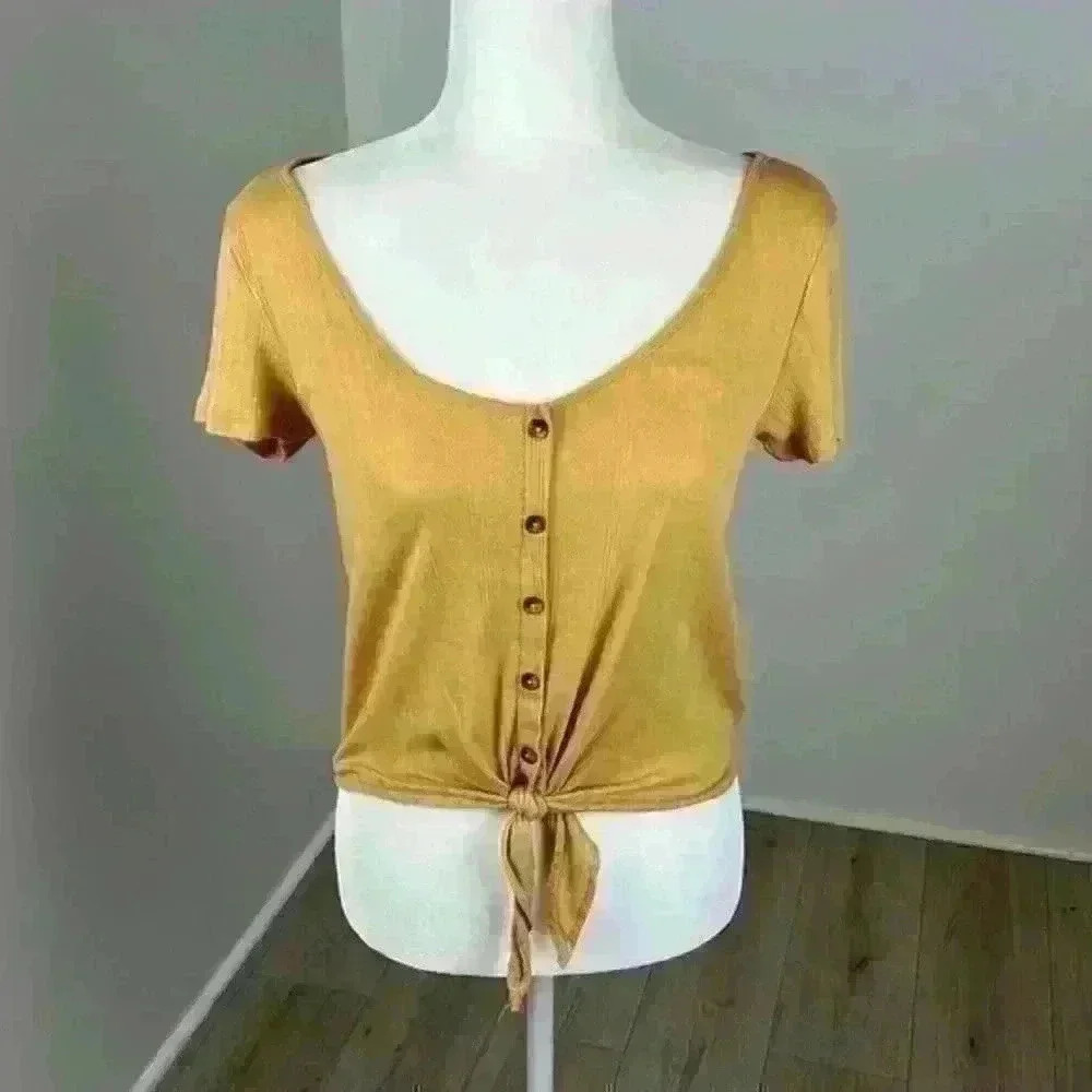 American Eagle Yellow Short Sleeve Button Front Top Size S